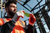A man with a beard and wearing gloves and an orange safety vest holds safety glasses. RAMM Safety provides industrial hygiene services that align with worker safety.