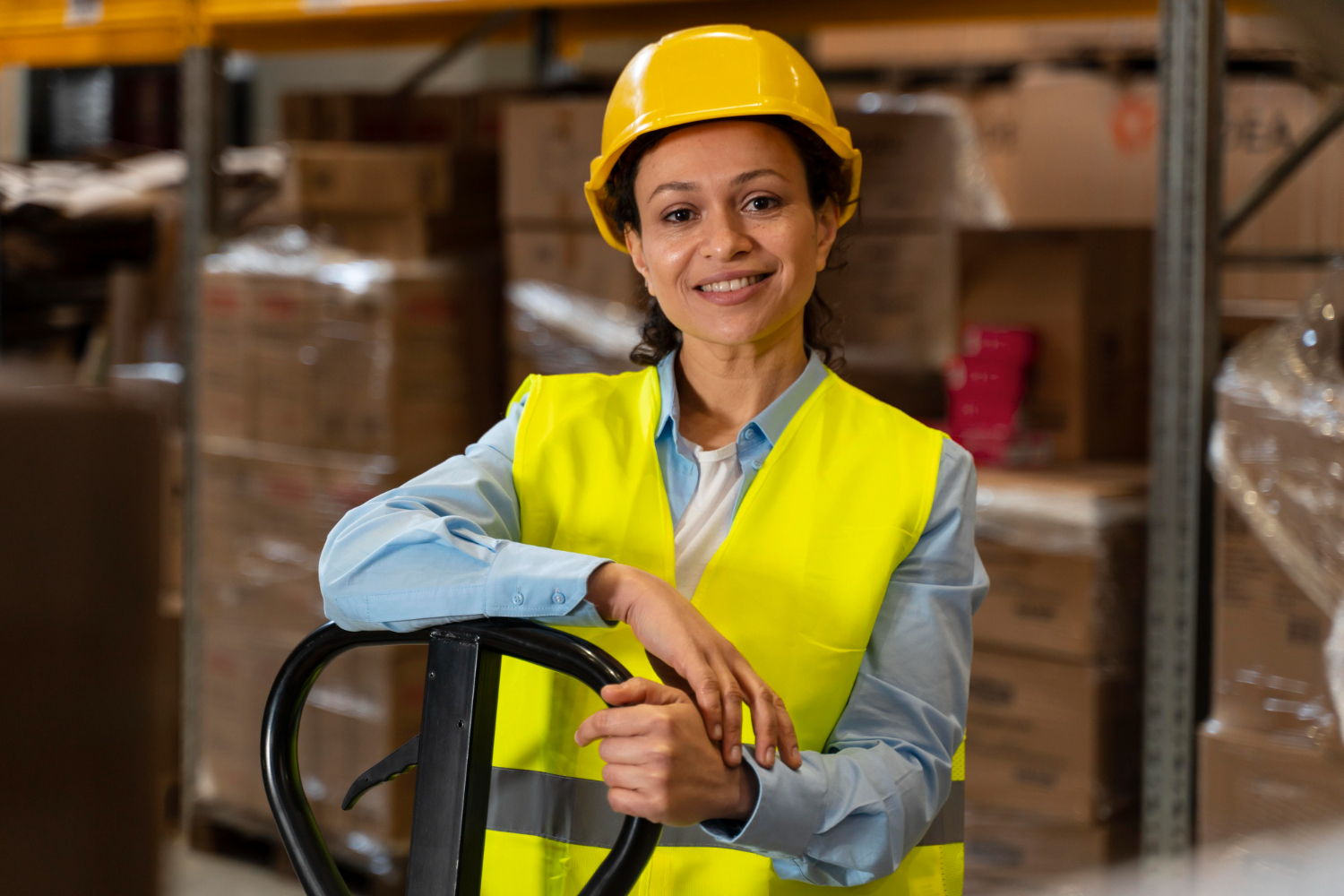 A woman in safety equipment stands inside of a warehouse